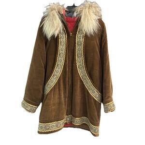 RARE!! Laura Wright Alaskan Parky Winter Coat Brown Velvet Wolf Trim Size M****